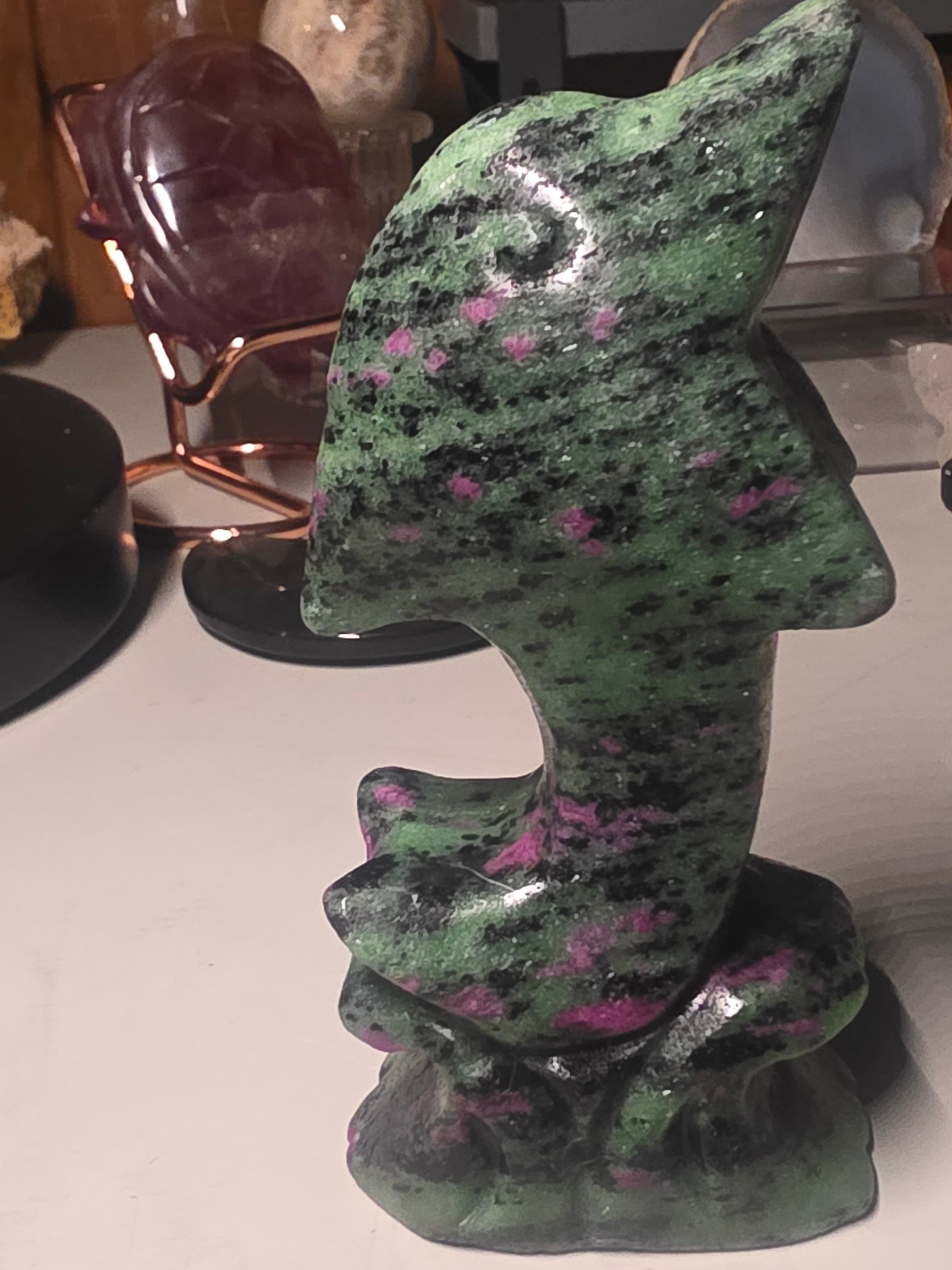 Ruby in Zoisite Dolphin Carving. UV reactive