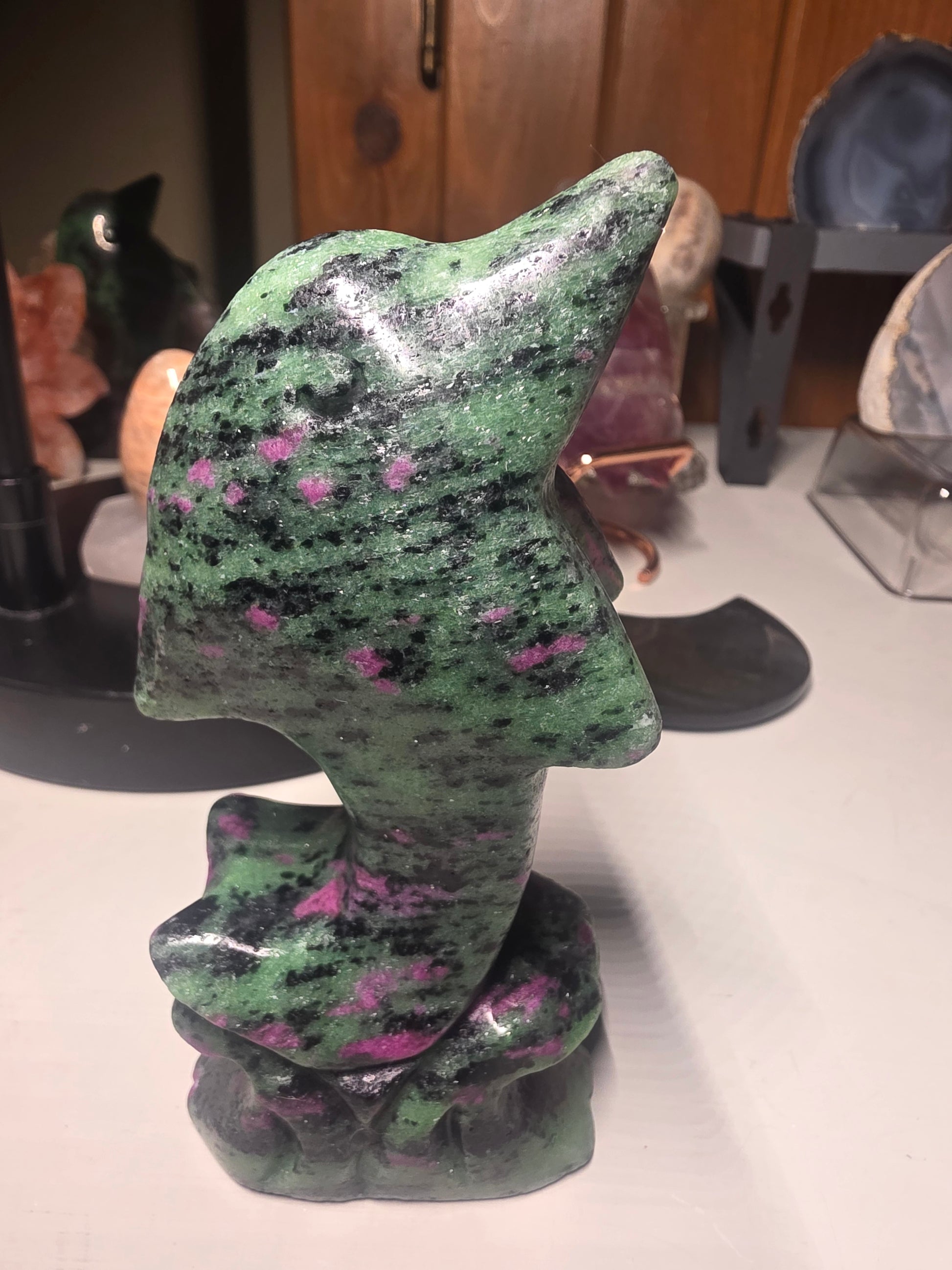 Ruby in Zoisite Dolphin Carving. UV reactive